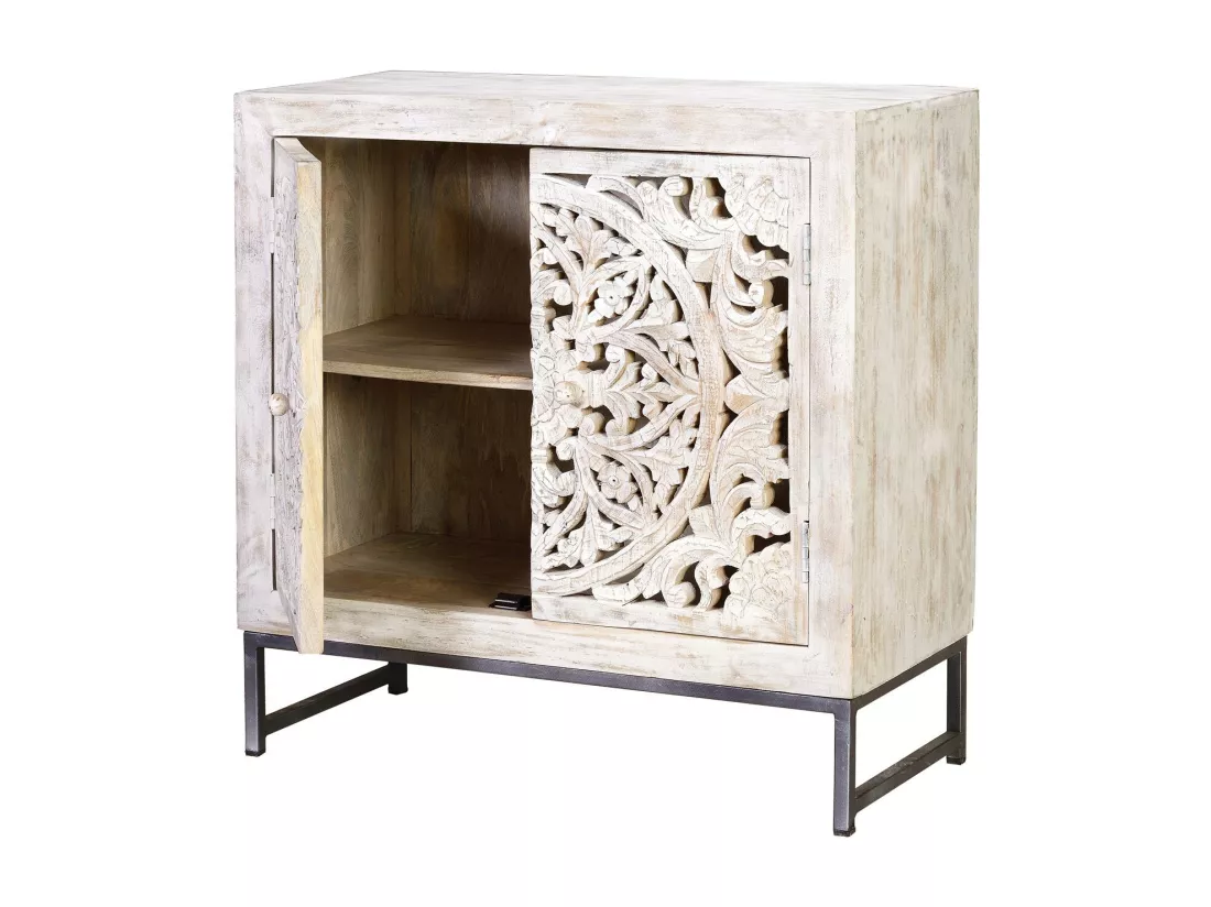 Buffet en manguier, pieds en métal blanc et gris vieilli Blanco.Giner y Colomer.81x35x80