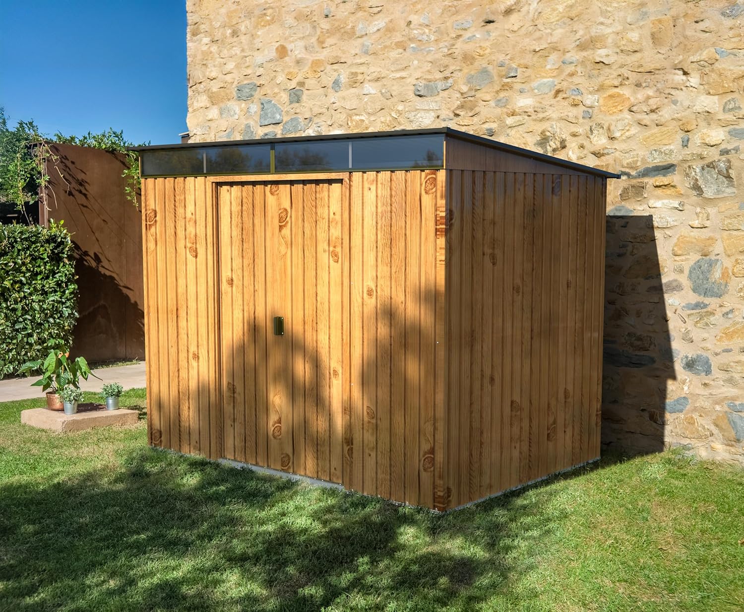 Duramax TOP Pent Roof Skylight 8 x 6 Metall gerätehaus, hergestellt aus verzinktem Stahl, verstärkte Dachkonstruktion, integriertes Oberlicht für Sonnenlicht, Geräteschuppen, Holzmaserung