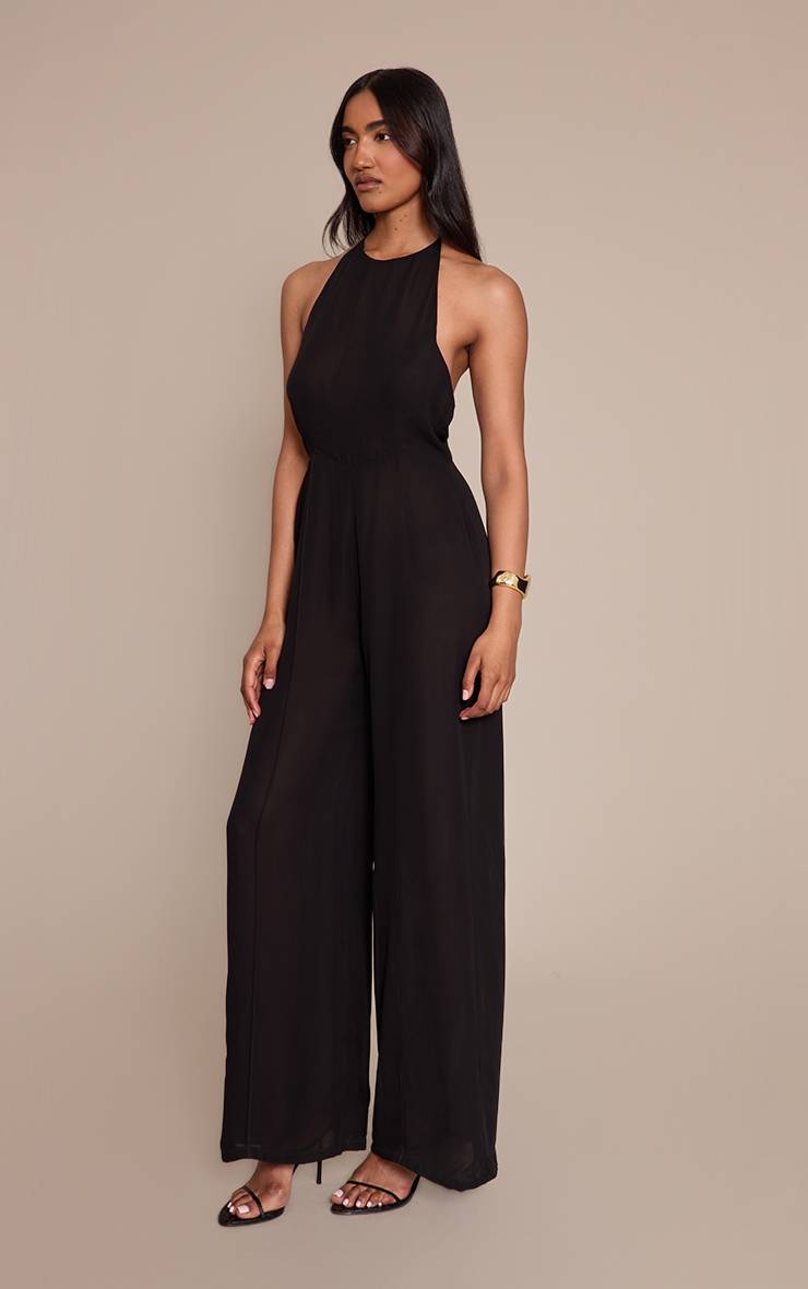 Noir Combinaison Pantalon Droit En Mousseline Col Licou