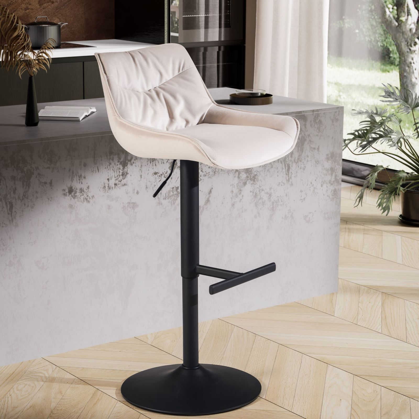 Barhocker - beige - Samt - höhenverstellbar
