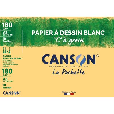 Canson C à grain - Pochette papier à dessin - 10 feuilles - A3 - 180 gr - blanc