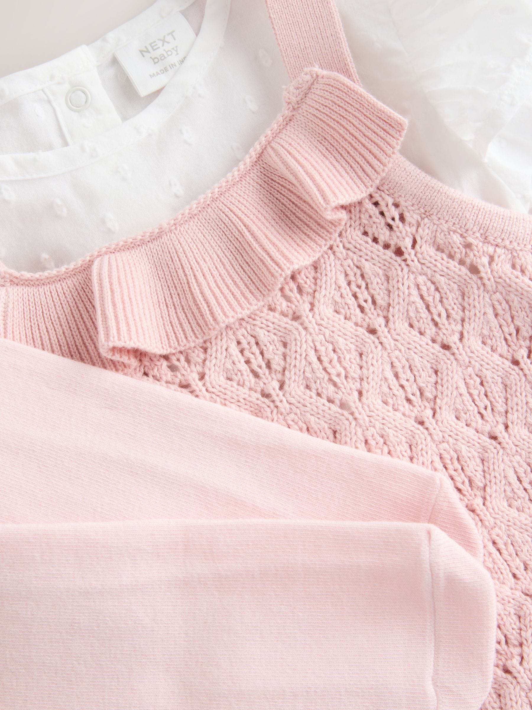 Roze/wit - 3 -delige babyset van rompertje en gebreide bretelbroeken met panty (0mnd-2jr)