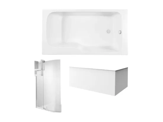 Pack baignoire bain douche 160 x 85 JACOB DELAFON Malice version droite + tablier en angle + pare bain + étagère pour pare bain