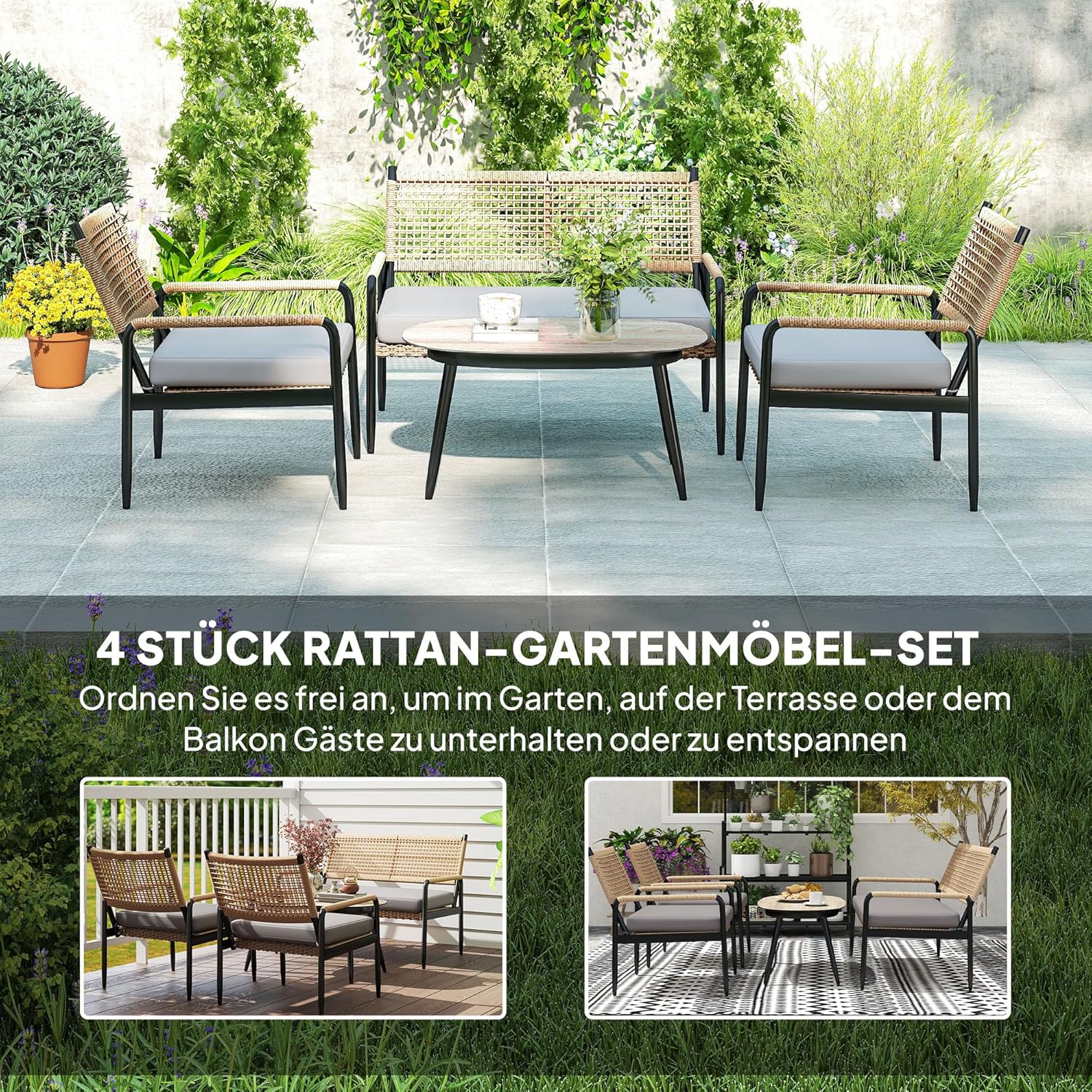 Outsunny Gartenmöbel Set aus Polyrattan Lounge-Set mit 2er Sofa Sessel Glastisch Kissen wetterfest Sitzgruppe für 4 Personen Outdoor Balkonmöbel Set Terrassenmöbel für Garten Balkon Dunkelgrau+Gelb