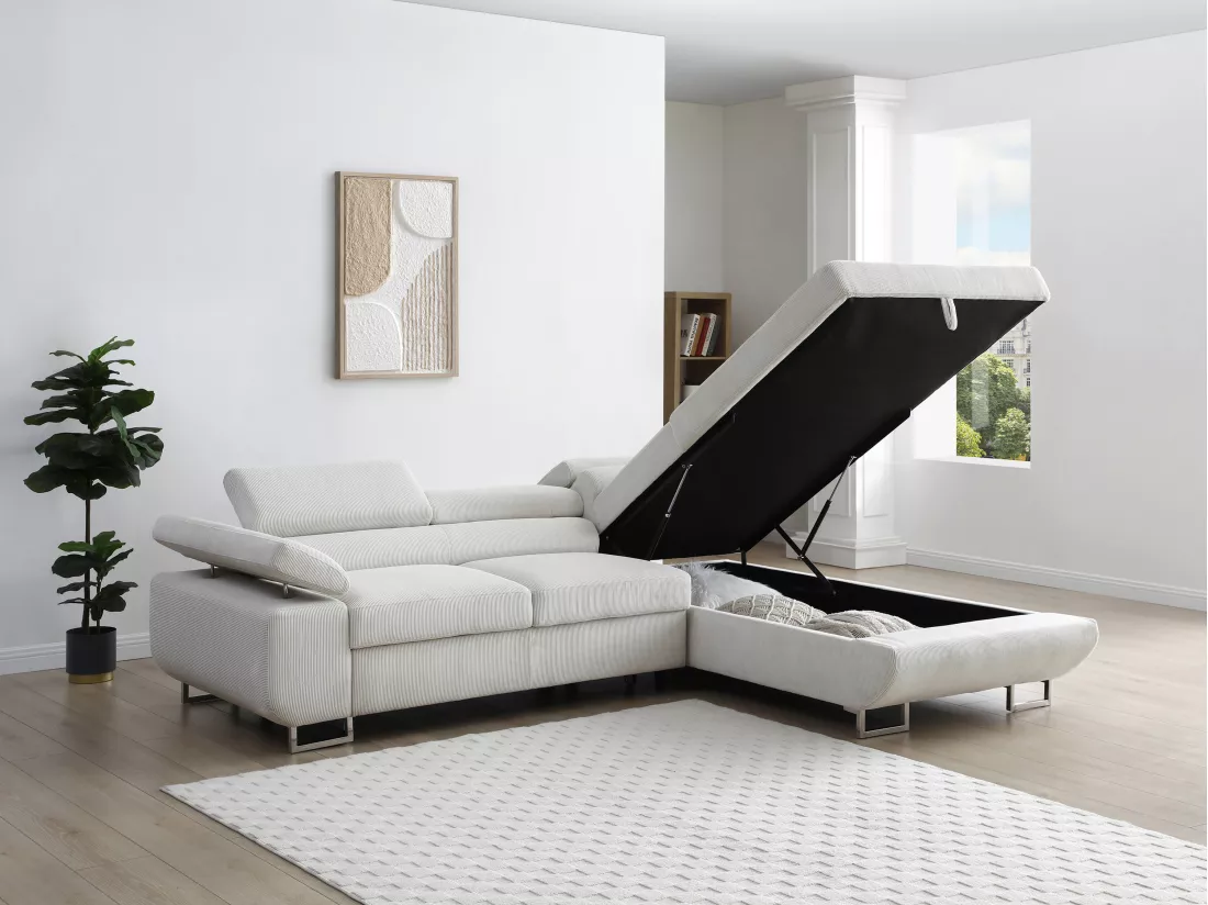 Canapé d'angle droit convertible en velours côtelé beige NURAZIO