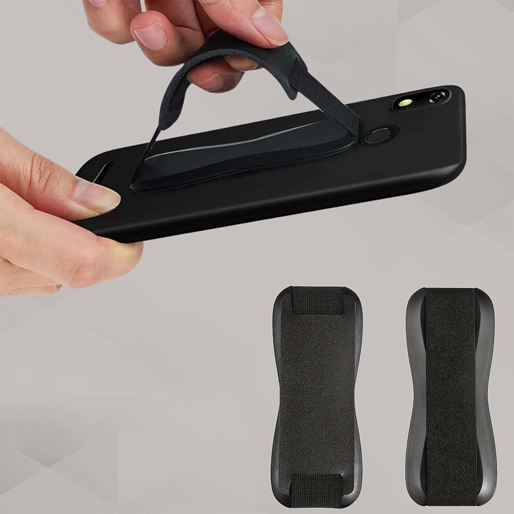 Rutschfreie Finger-Griff Kunstleder Halterung mit Aufsteller für Smartphones - Schwarz