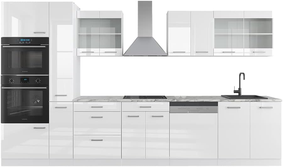 Vicco Küchenzeile R-Line, Weiß Hochglanz/Weiß, 350 cm mit Hochschrank, ohne Arbeitsplatte
