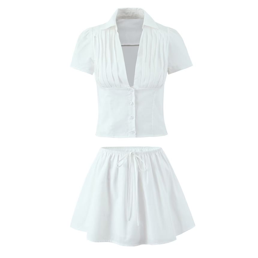 Trisica - Kort mouw V-hals effen slim-fit crop top / lage taille mini A-lijn rok