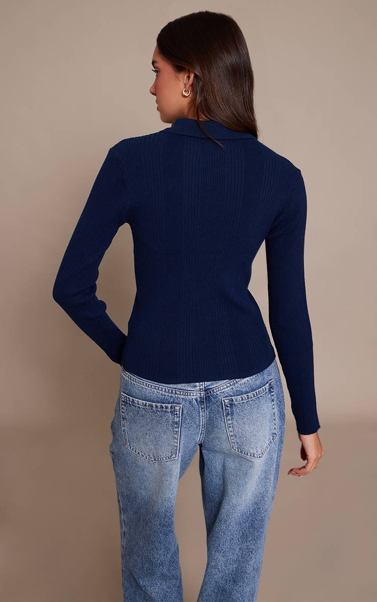 Bleu Marine Haut Polo À Manches Longues En Maille Côtelée