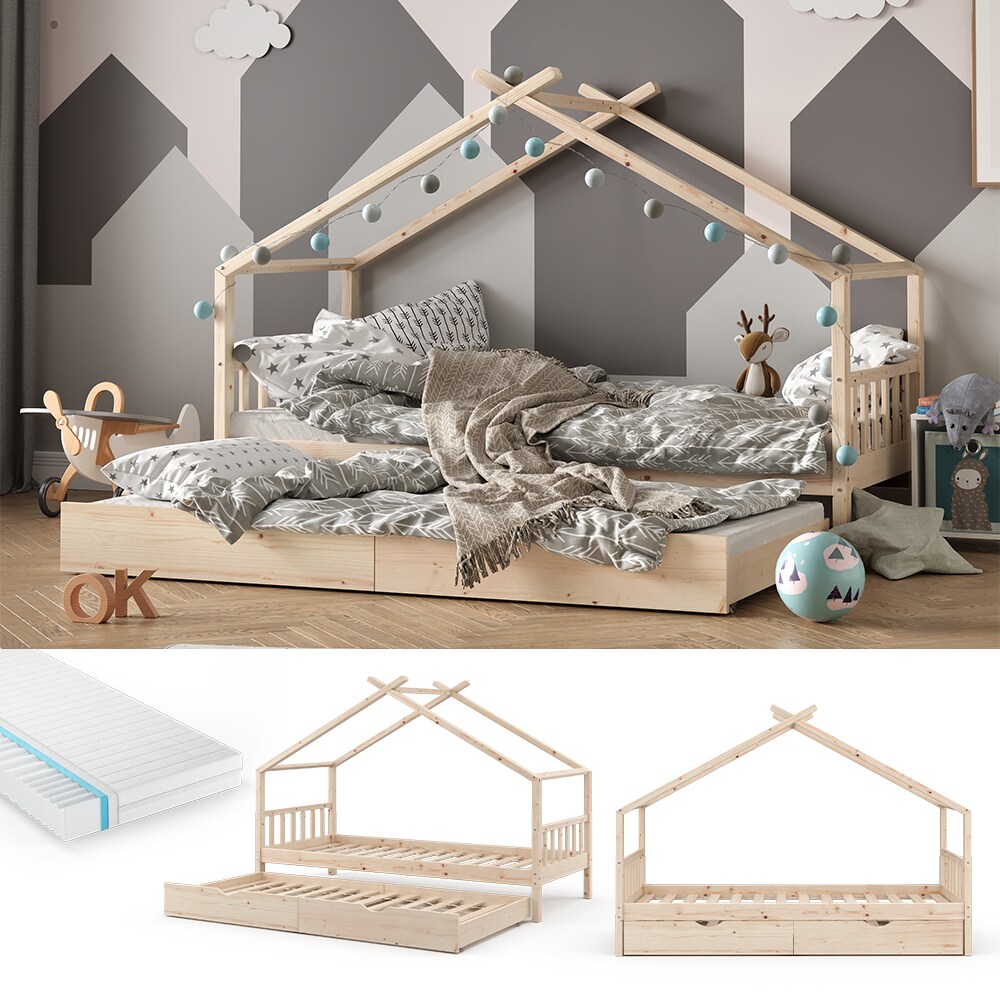 VITALISPA Kinderbett DESIGN Hausbett Gästebett Lattenrost Natur 90x200 Matratze