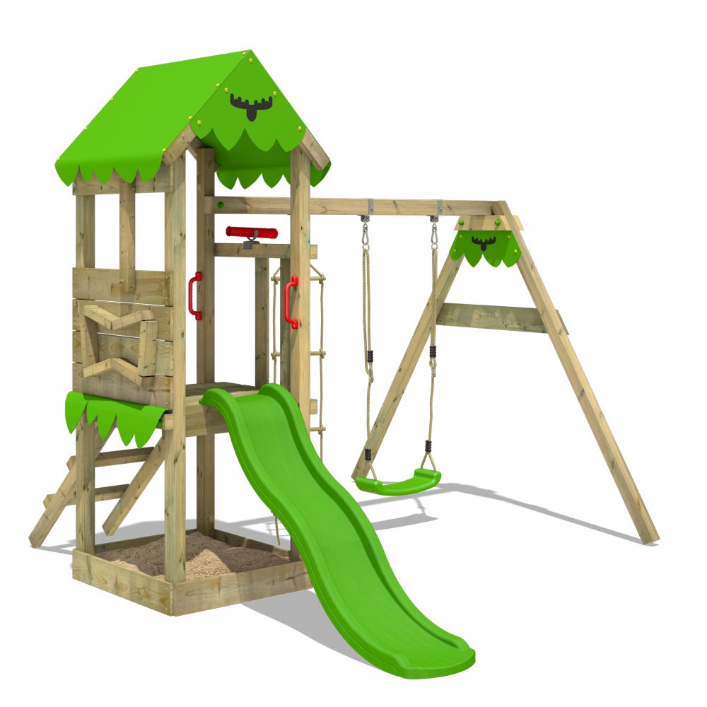Fatmoose FriendlyFrenzy speeltoren klimtoestel met schommel en glijbaan, klimtoren met zandbak, ladder en speelaccessoires – appelgroen