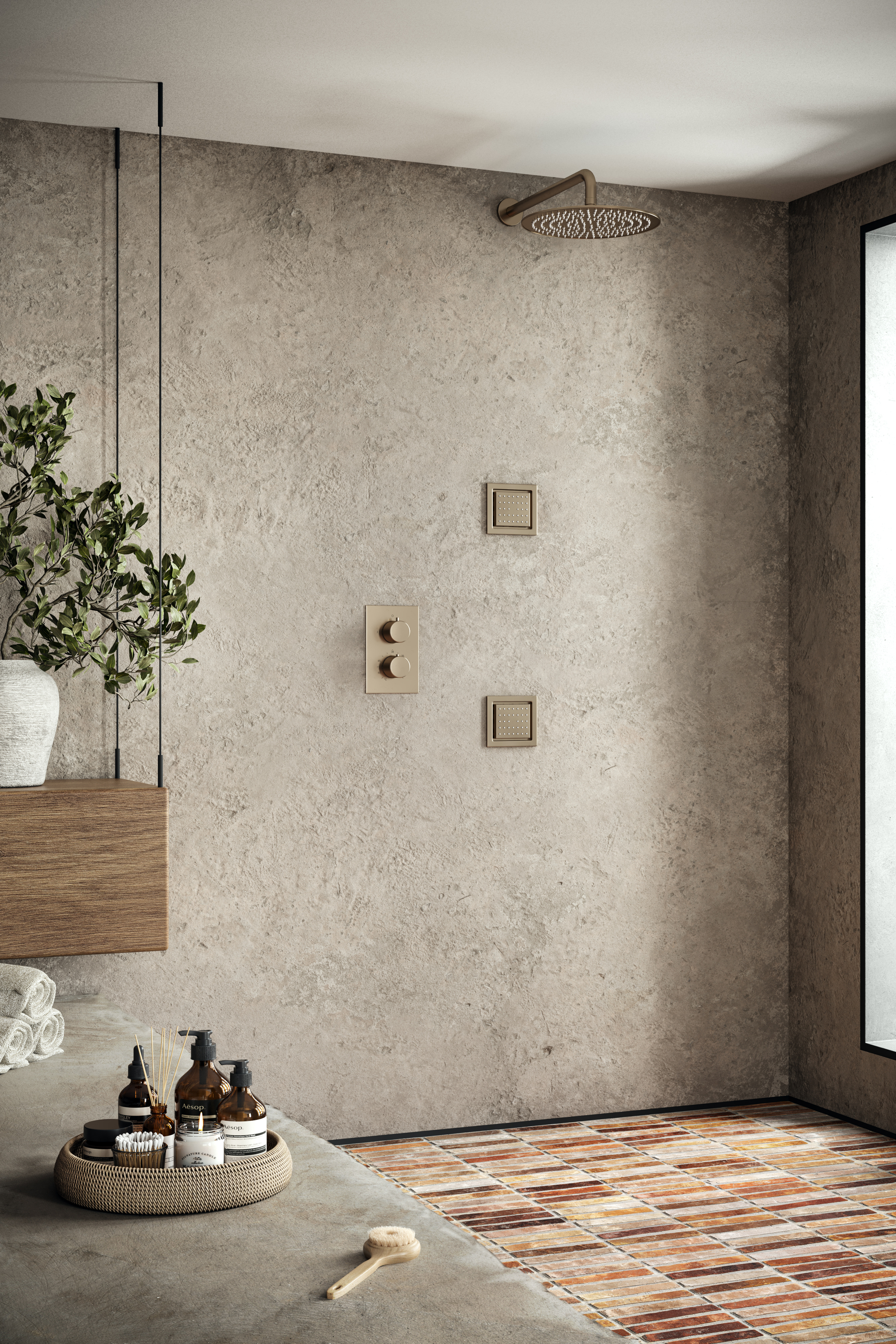 Saniclear Brass Stripes inbouw regendouche 20cm met vierkante massagejets en muurarm geborsteld messing - mat goud