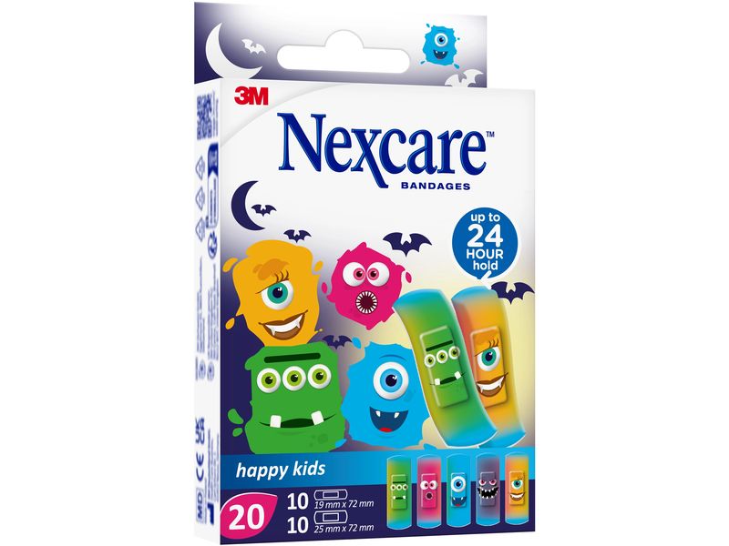 3M Nexcare Kinderpflaster Happy Kids Monsters 2 Grössen, 20 Bunte Wundpflaster für Kinder