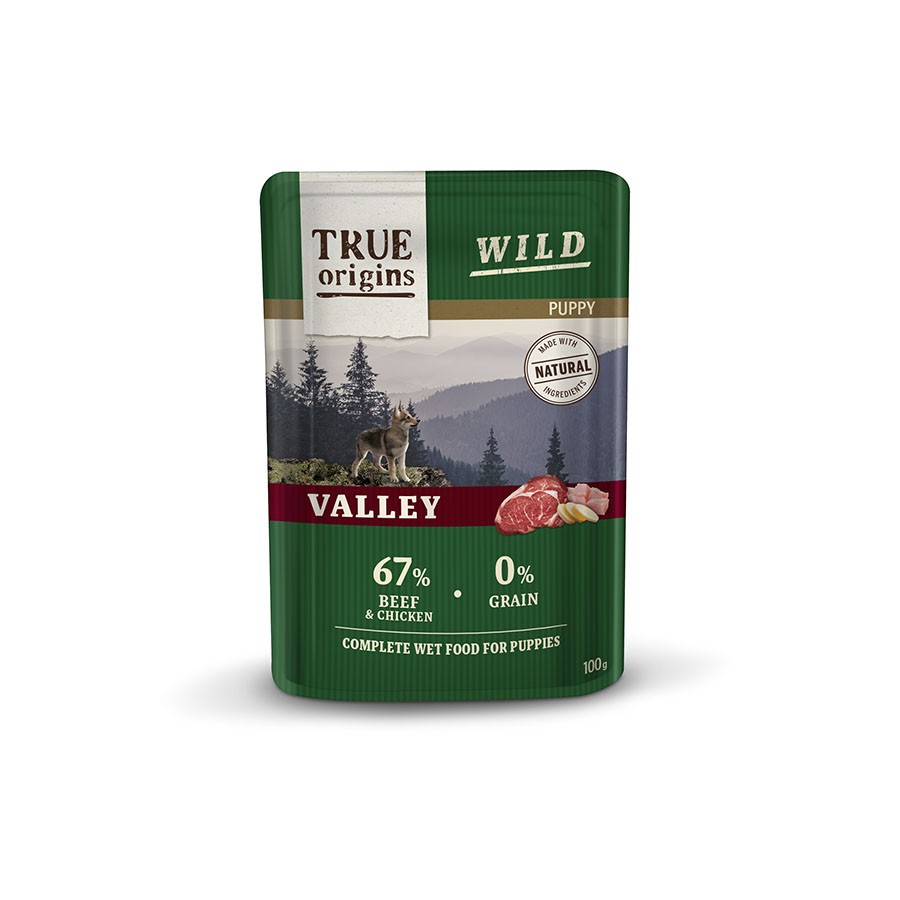 Sachê de 100g de ração True Origins Wild Puppy Valley sabor carne bovina e frango para cães.
