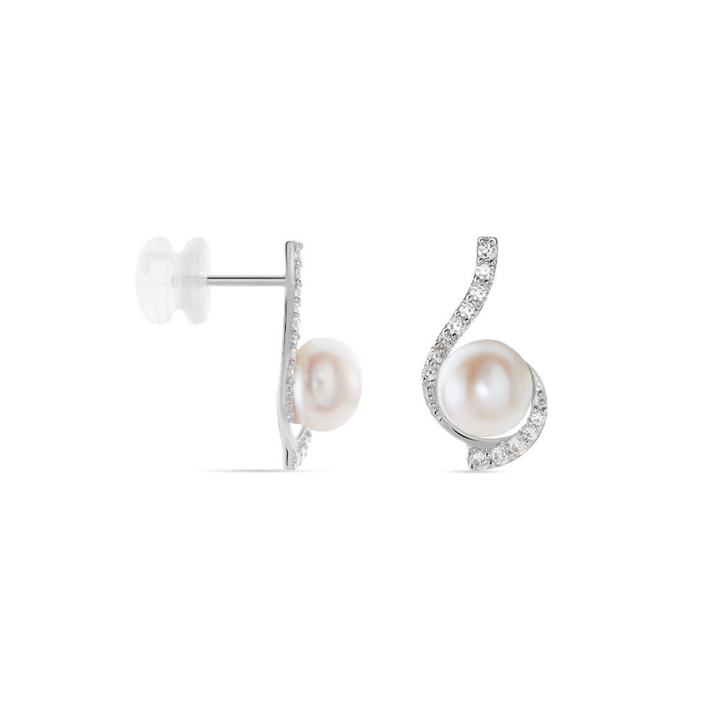 Boucles D'oreilles Puces Cassiopea Or Blanc Oxyde Et Perle De Culture