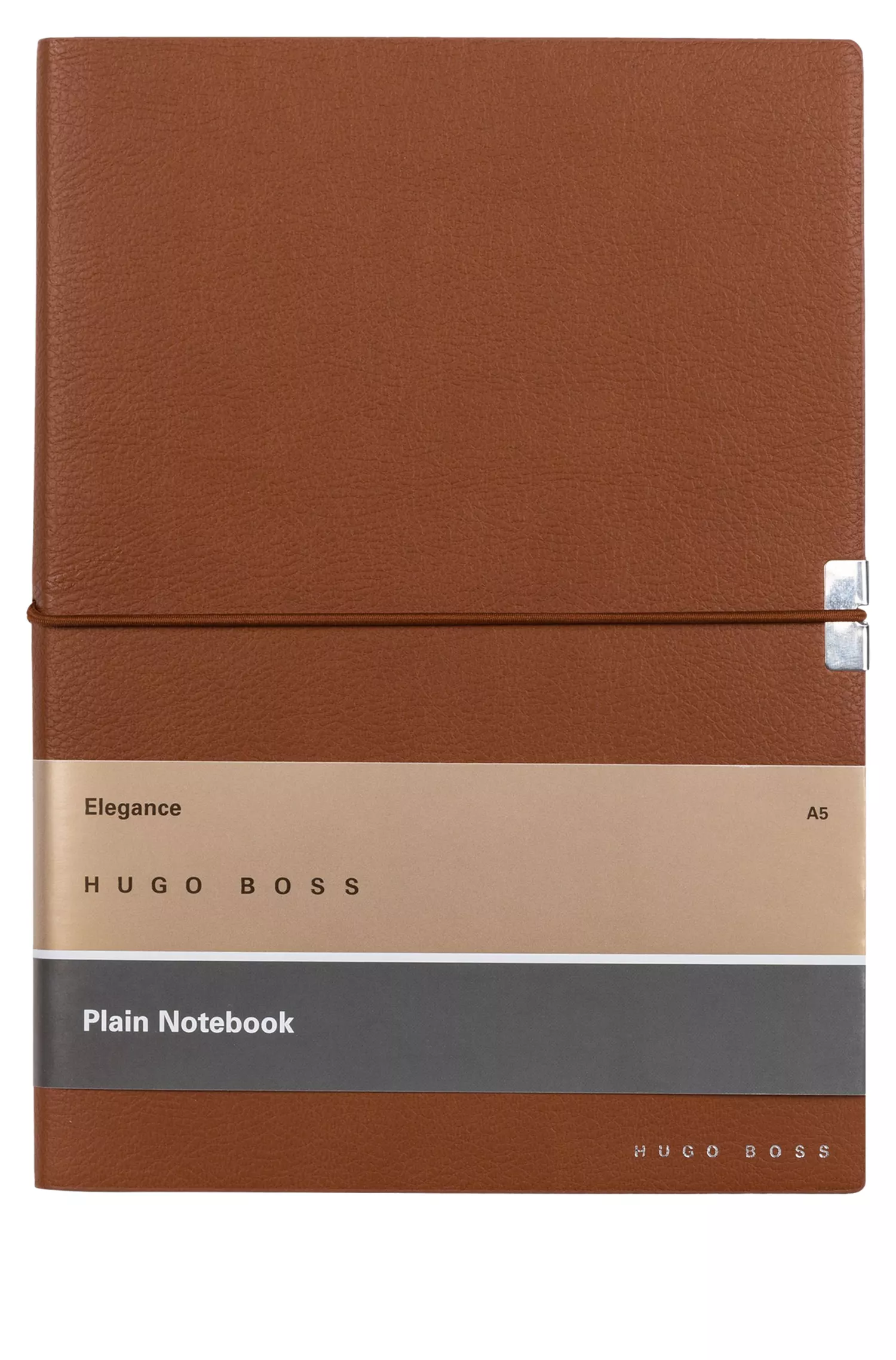 Caderno BOSS A5 preto em imitação de couro cor camelo com elástico.