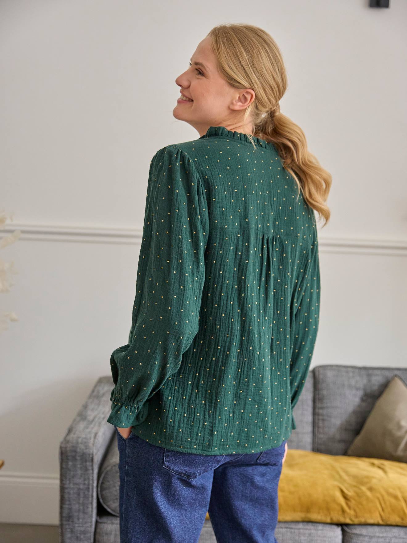 Blusa de chiffon de algodão verde pinho para gestantes e lactantes.