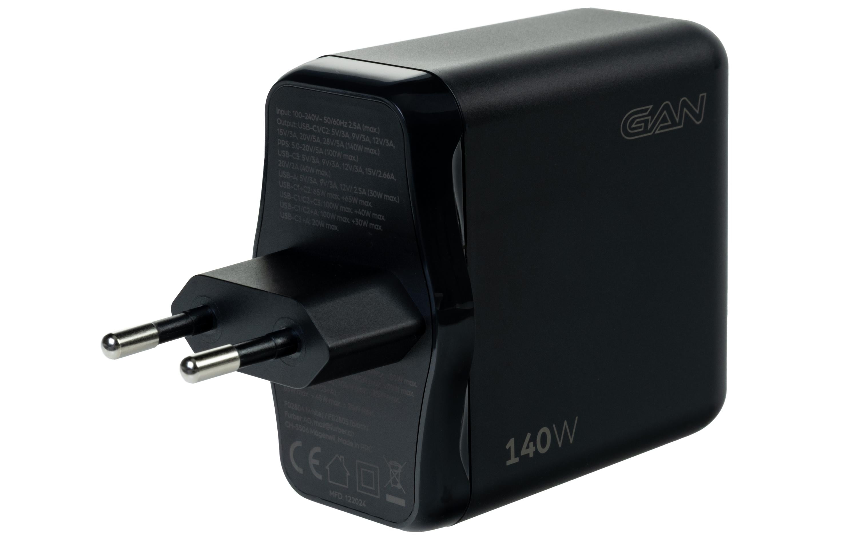 USB-Wandladegerät Quad 3C1A 140 W GaN SchwarzLadeadapter mit drei USB-C-Ports und einem USB-A-Port