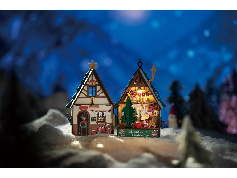 RoboTime Bausatz Funkelndes Weihnachtshaus 3D-Puzzle aus lasergeschnittenen Holzteilen