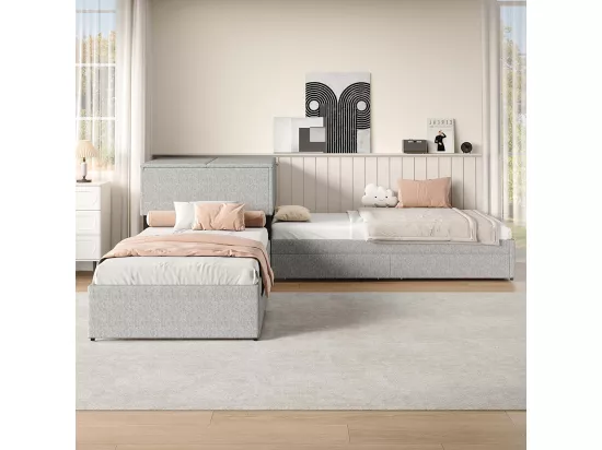 Lit gigogne 90x200 cm lit d'angle deux lits simples lit fonctionnel avec espace de rangement avec armoire et tiroir Lin Gris