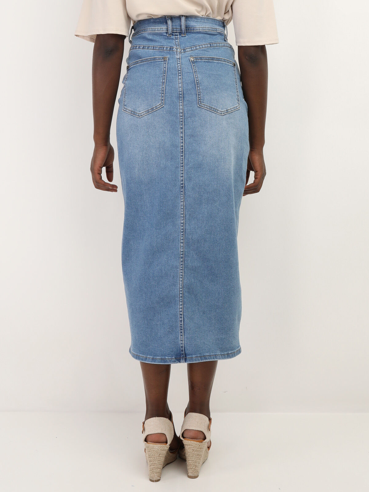 Jupe en denim mi-longue et fendue- Bleu