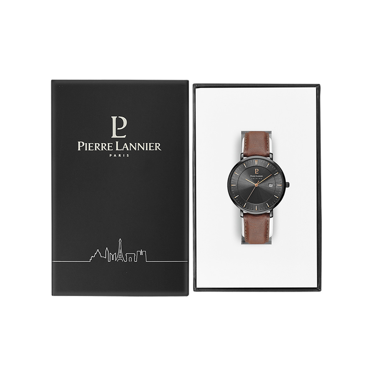 Montre Pierre Lannier homme solaire acier noir bracelet cuir brun