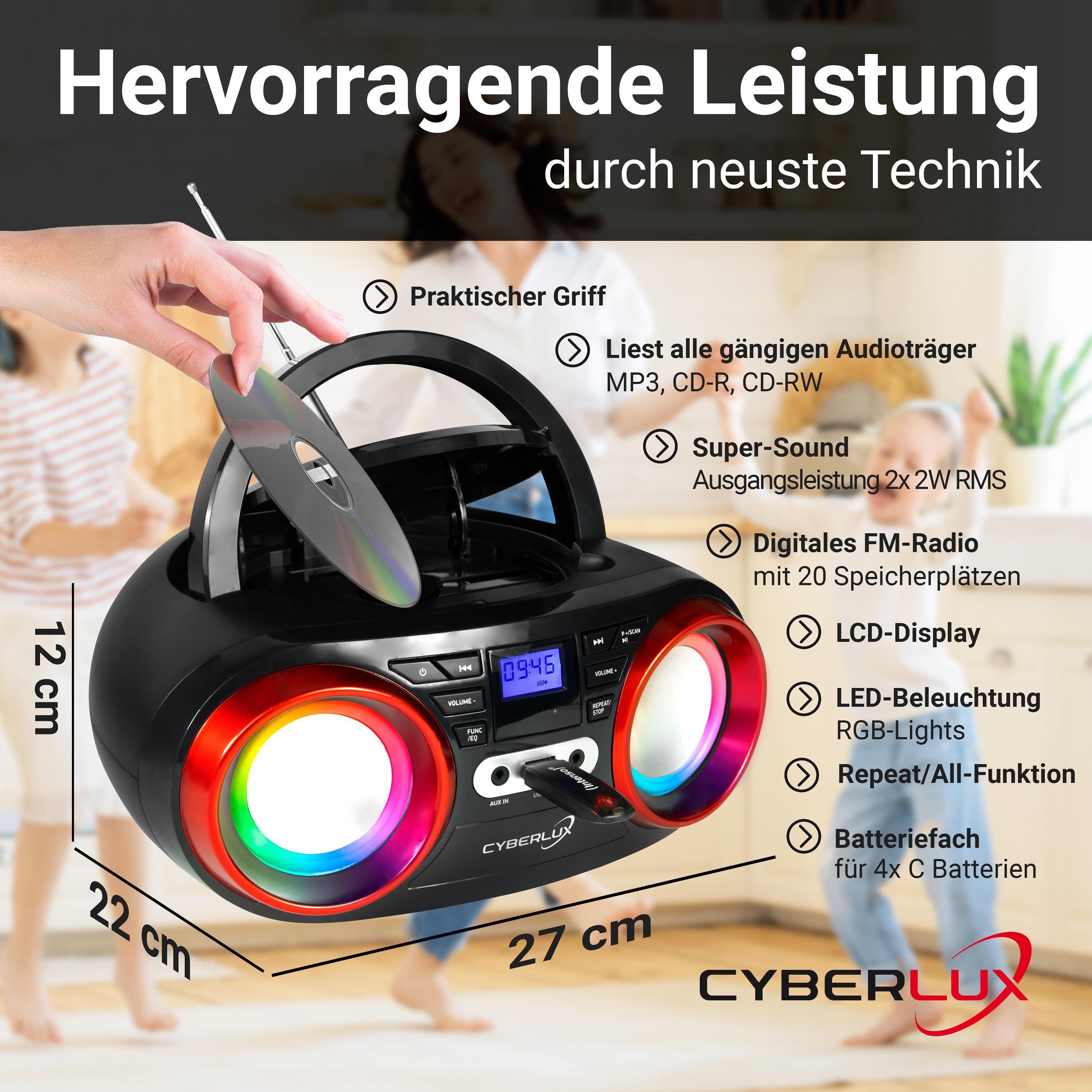 Cyberlux CD-Player m. LED-Beleuchtung USB Kinder Radio Schwarz/Rot