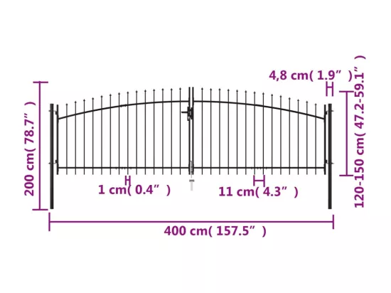 Double portail avec haut sous forme de lance 400 x 200 cm