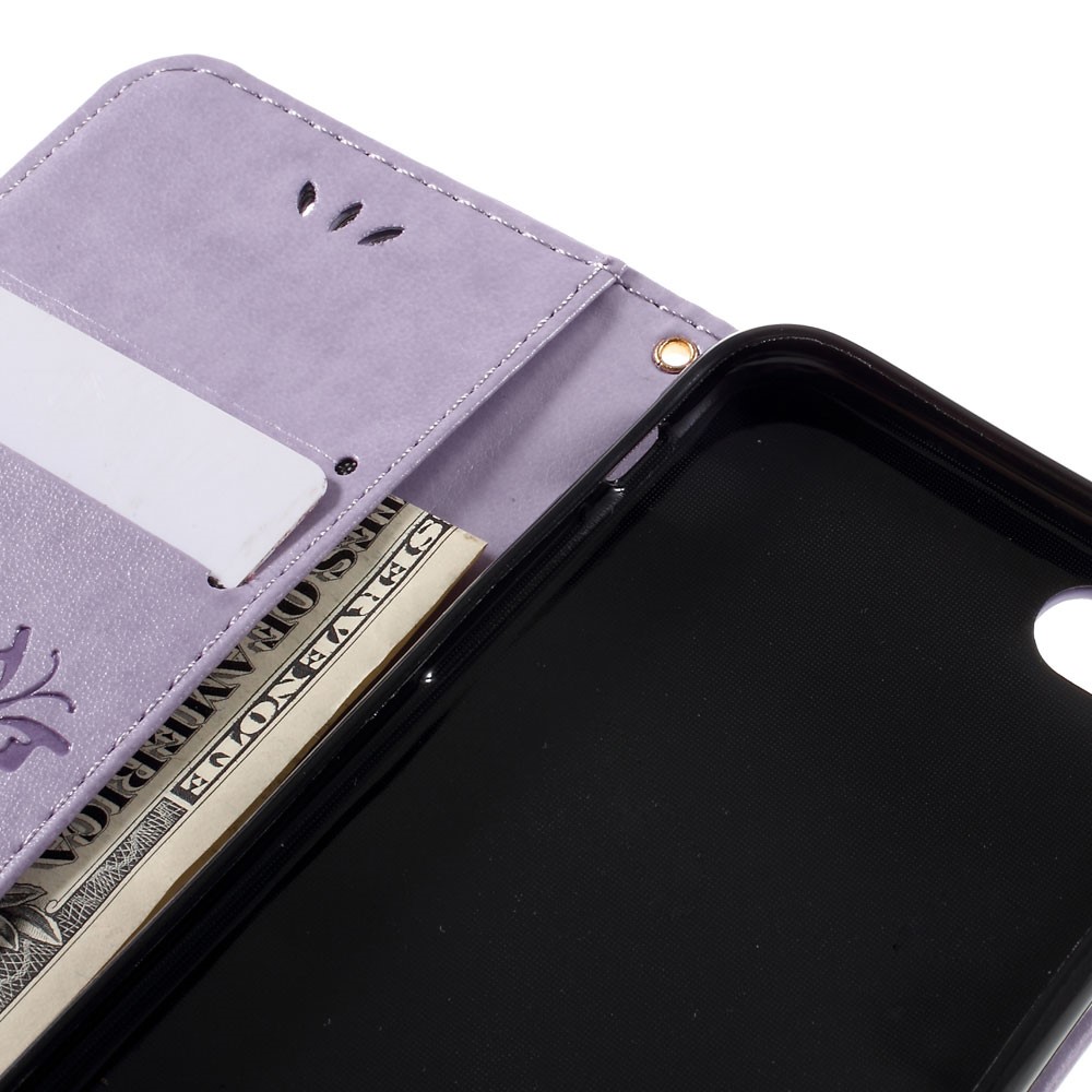 iPhone SE (2022/2020) / 8 / 7 Leder Tasche mit Kartenfach   Handschlaufe Butterfly Flowers - Lila