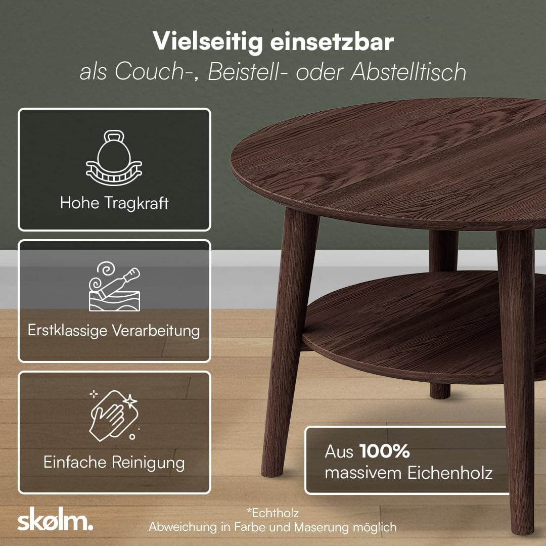 skølm Mjölnir Couchtisch rund Ø70 cm – Wohnzimmertisch aus Eiche Massivholz – Sofatisch mit 2 Ablagen – kleiner Beistelltisch dunkel lackiert – Holztisch Wohnzimmer mit Stauraum – Coffee Table