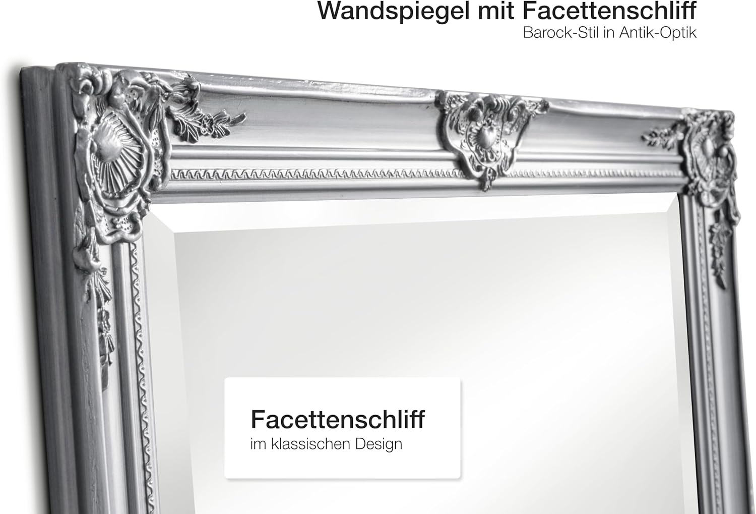 Wandspiegel Barock Silber ca. 180 x 80 cm Antik-Stil m. Facettenschliff XL Ganzkörperspiegel, Gaderobespiegel, Flurspiegel, Spiegel klassisch