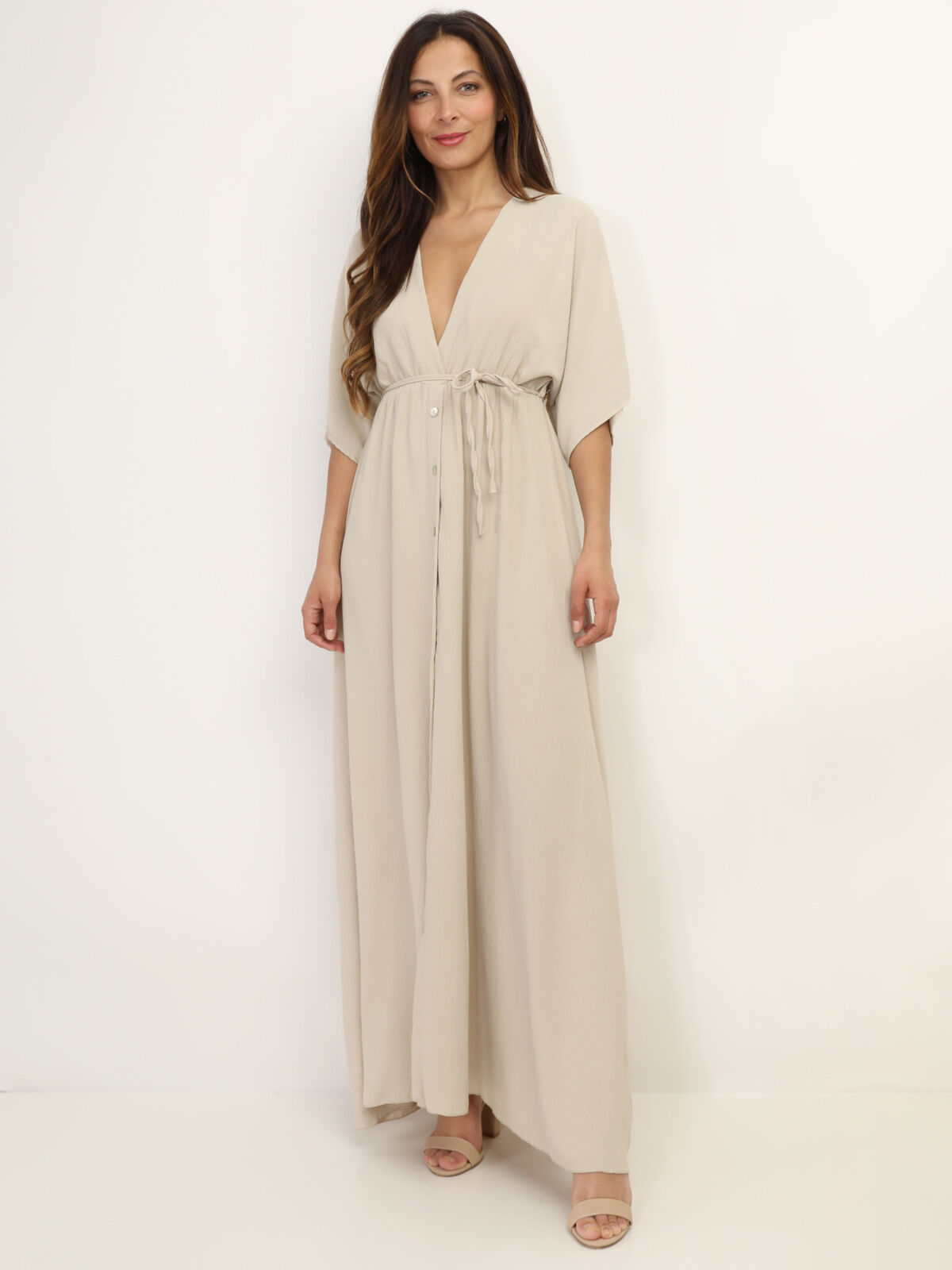 Robe longue boutonnée à fente- Beige