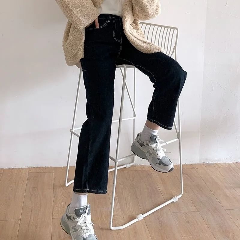 Hanji - Hoge taille contrasterende gestikte losse jeans