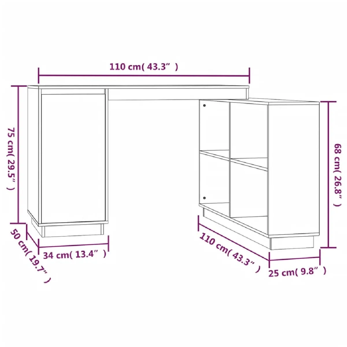 vidaXL Bureau Bois de pin 110x50x75 cm