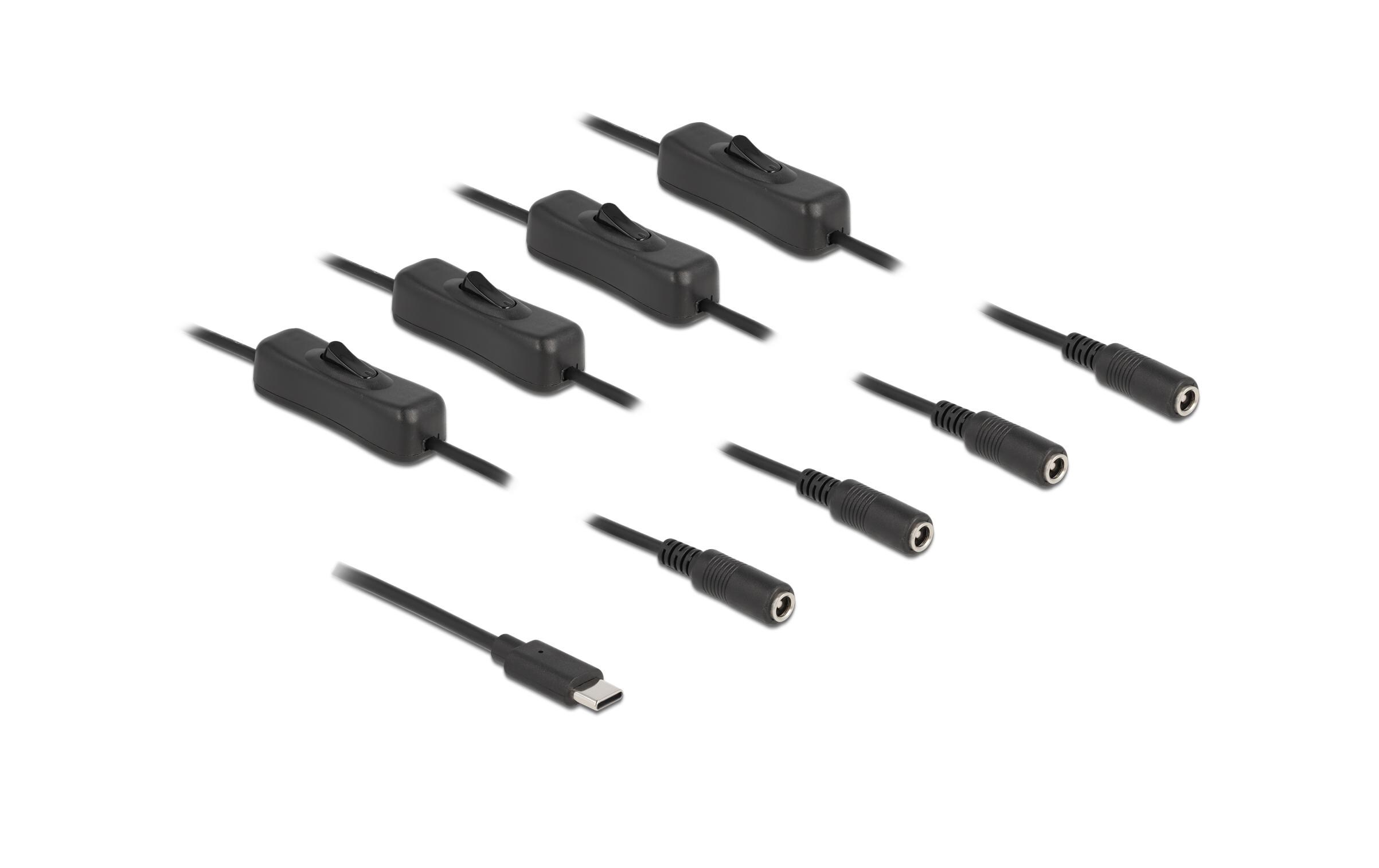Hohlstecker Kabel USB Type-C zu 4 x DC mit Schalter 1 mDelock Kabel USB Type-C Stecker zu 4 x DC 5.5 x 2.1 mm Buchse mit Schalter 1 m