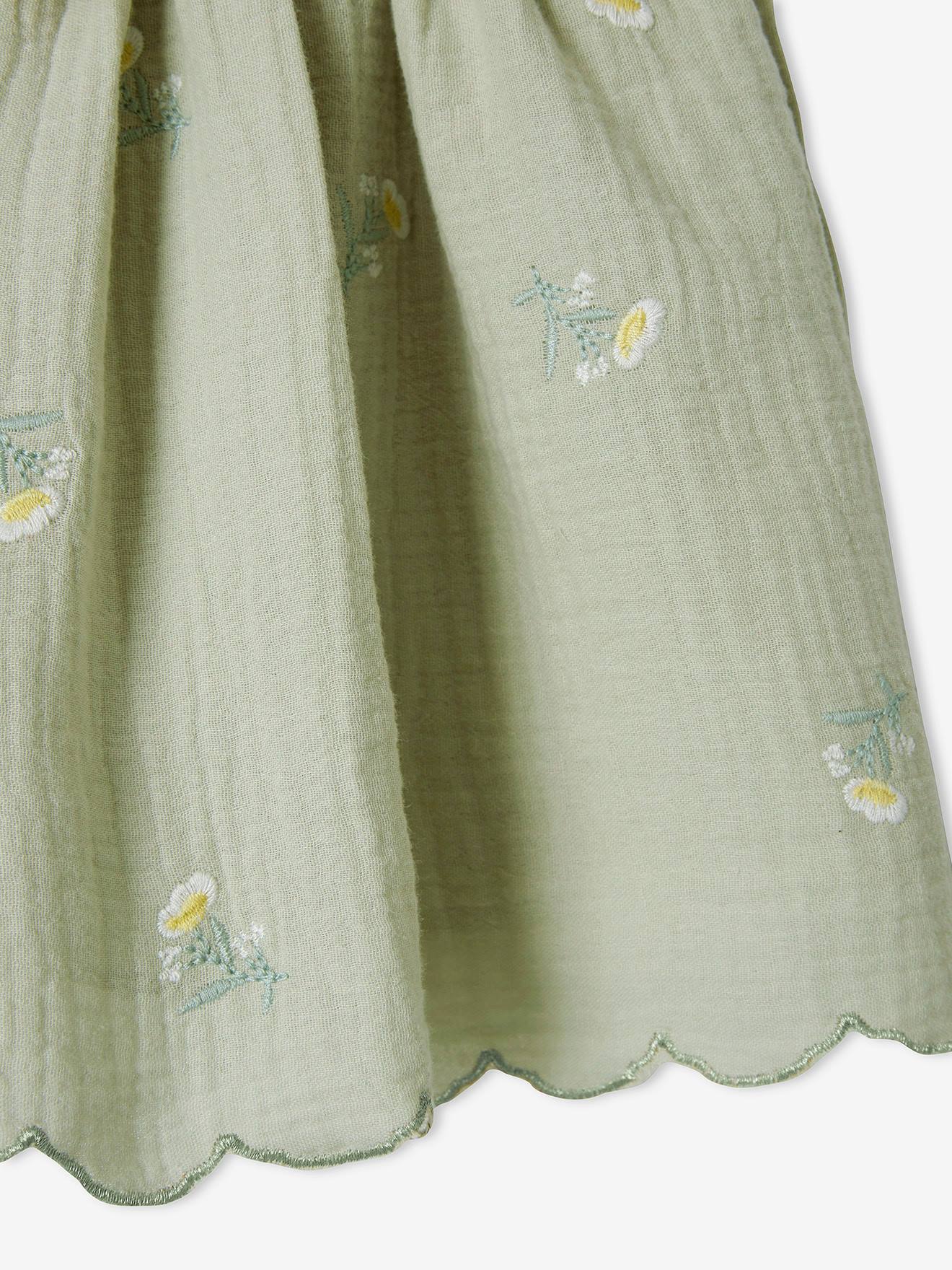 Saia de chiffon de algodão bordada para meninas, estampa verde-clara