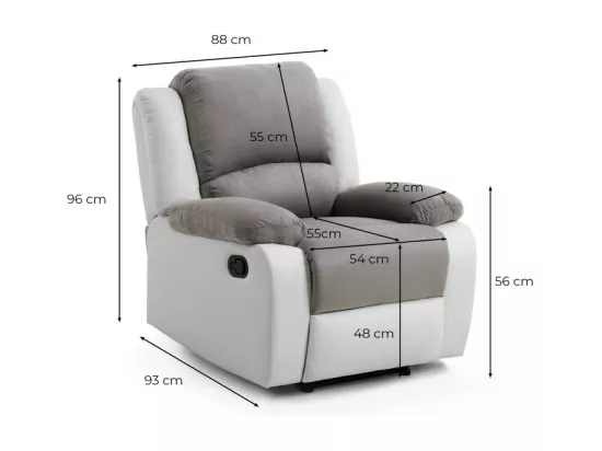 Fauteuil Relaxation 1 place Microfibre et Simili Léo - Blanc et Gris - L88 x 93 x 96cm - Loungitude