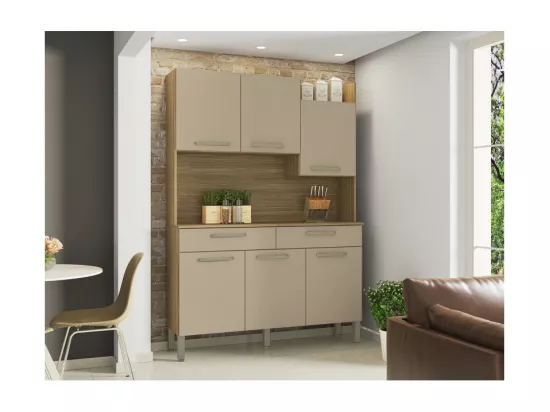 Buffet de Cuisine 6 Portes 2 Tiroirs Chêne Taupe 10 Niches L 132 H 186 P 38.8 cm
