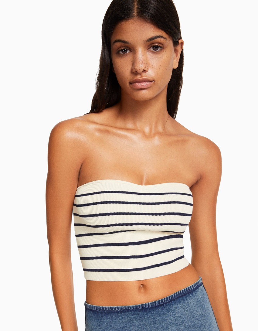 Top cropped bandeau de tricô listrado