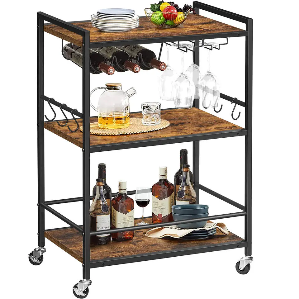 Keukentrolley op Wieltjes - Serveerwagen - Bijzettafel - 3 planken - Bruin