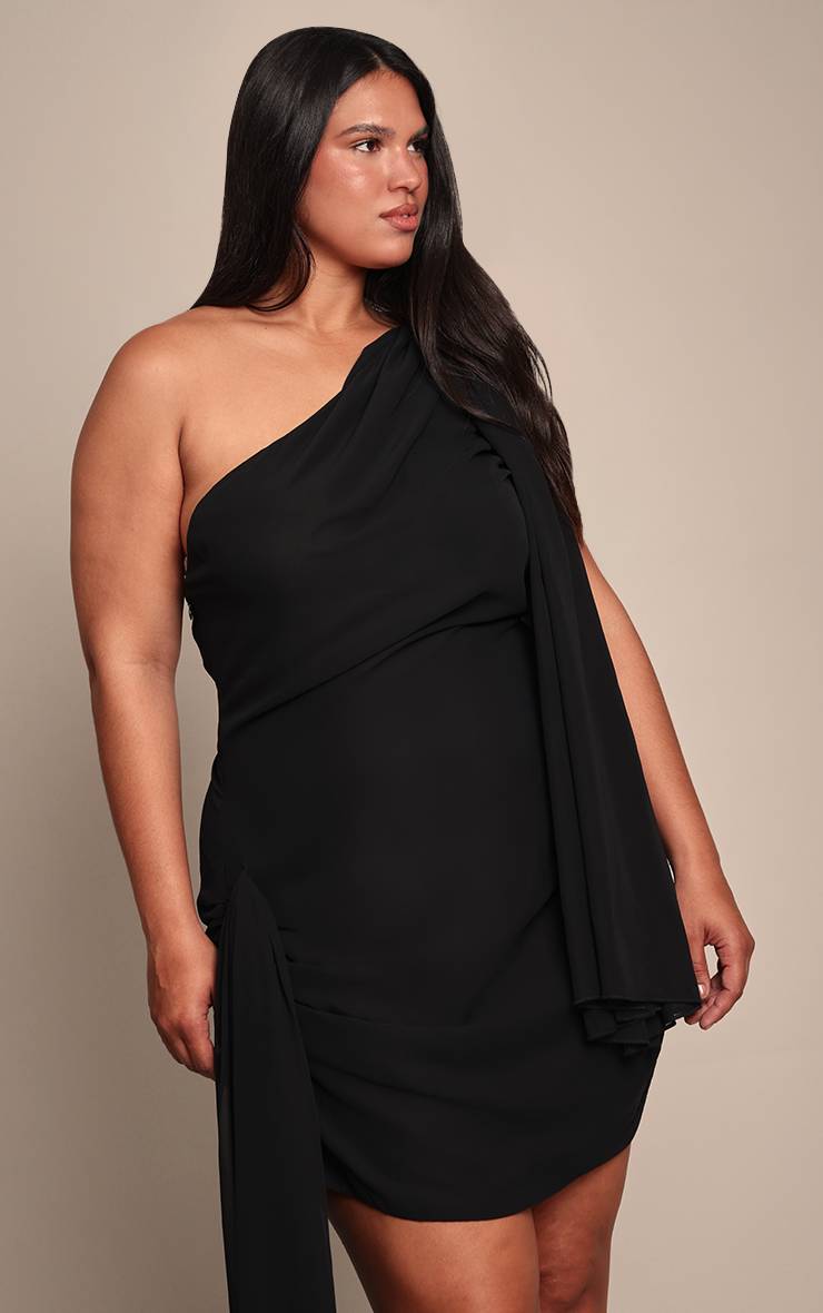 Noir Robe Mini Drapée En Mousseline Détail Asymétrique Grande Taille