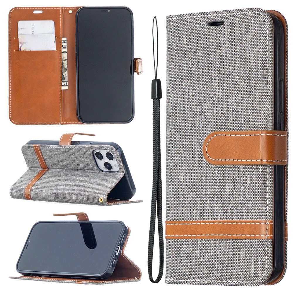 iPhone 12 / iPhone 12 Pro Stoff Tasche im Jeans Look mit Kartenfach   Magnetverschluss - Grau / Braun