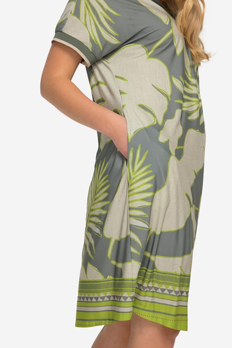 Jerseykleid, XL Blätter-Print, V-Ausschnitt, Halbarm