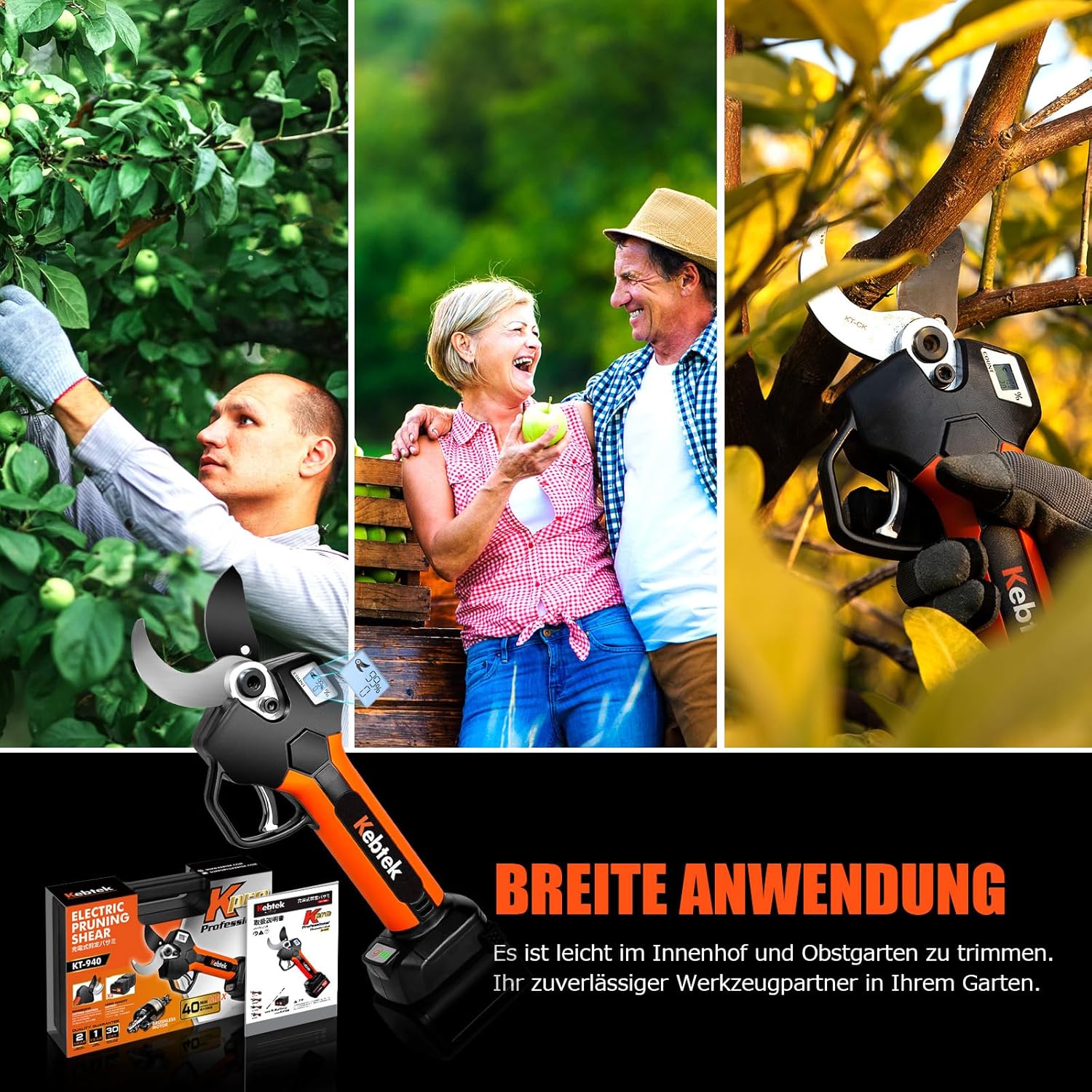 Elektrische Gartenschere 40MM, Kebtek Professionelle Akku Gartenschere18V 2Pack 2AH Lithium Batteries KT940