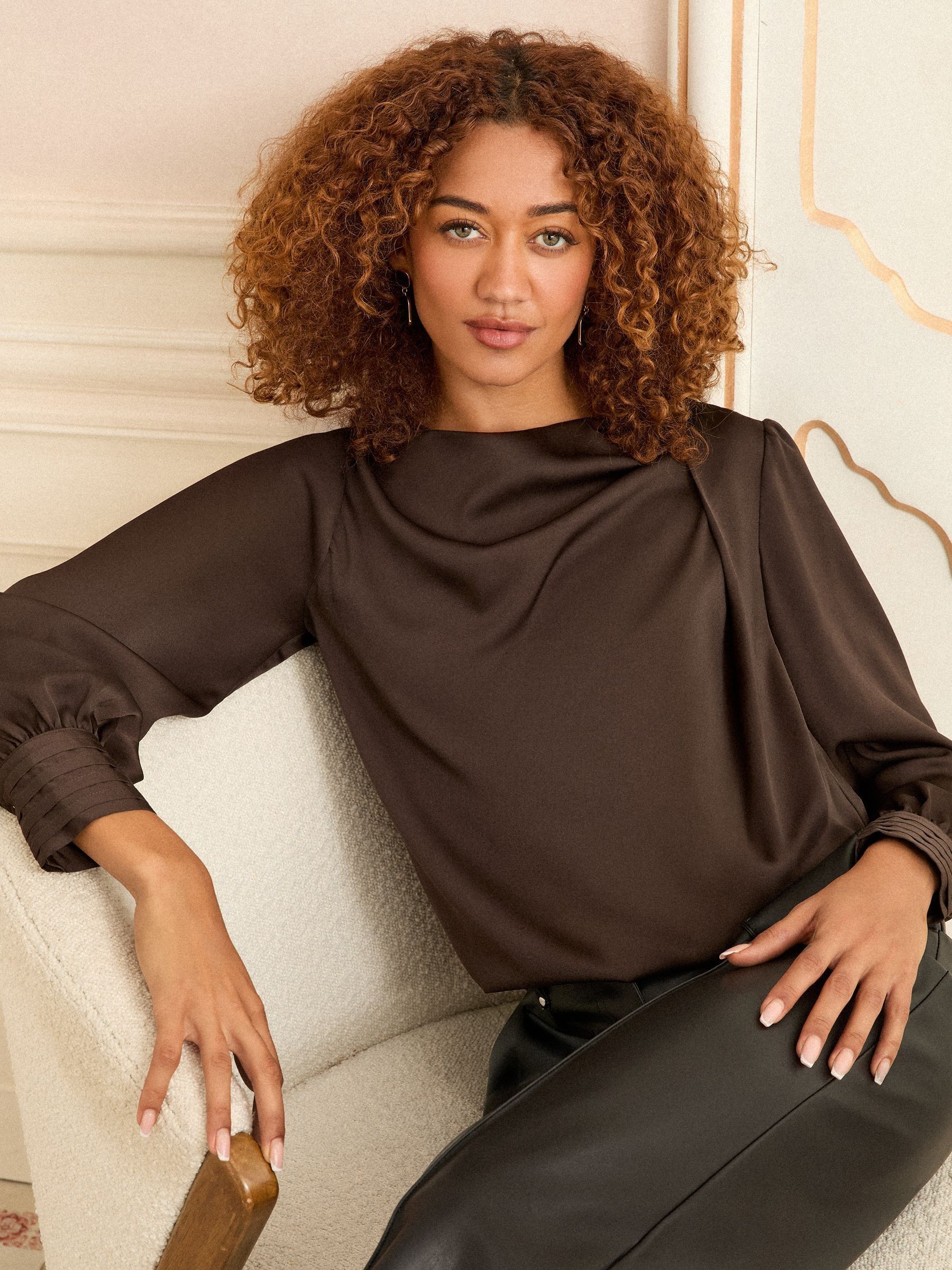 Chocoladebruin - Love & Roses Lange mouwen Satijn Watervalhals Blouse