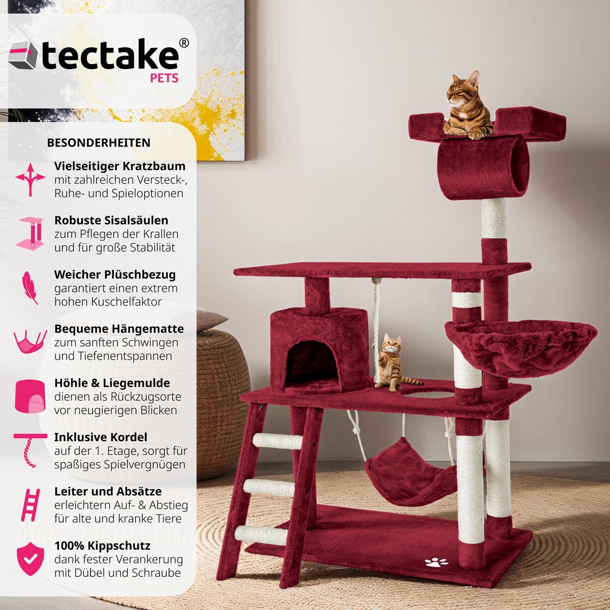tectake Marcel 141 cm krabpaal inclusief trap, speeltouw en kantelbeveiliging