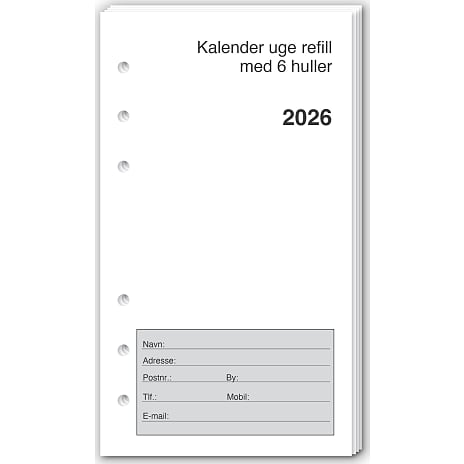 Kalender 2026 - refill med 6 huller