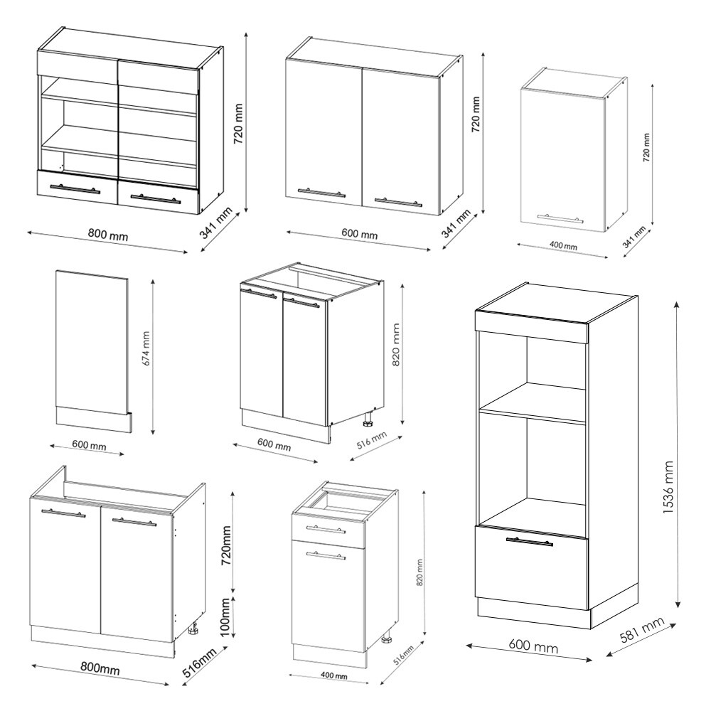 Vicco Küchenzeile Küchenblock Einbauküche Fame-Line Eiche Schwarz 300 cm modern Hochglanz Küchenschränke Küchenmöbel