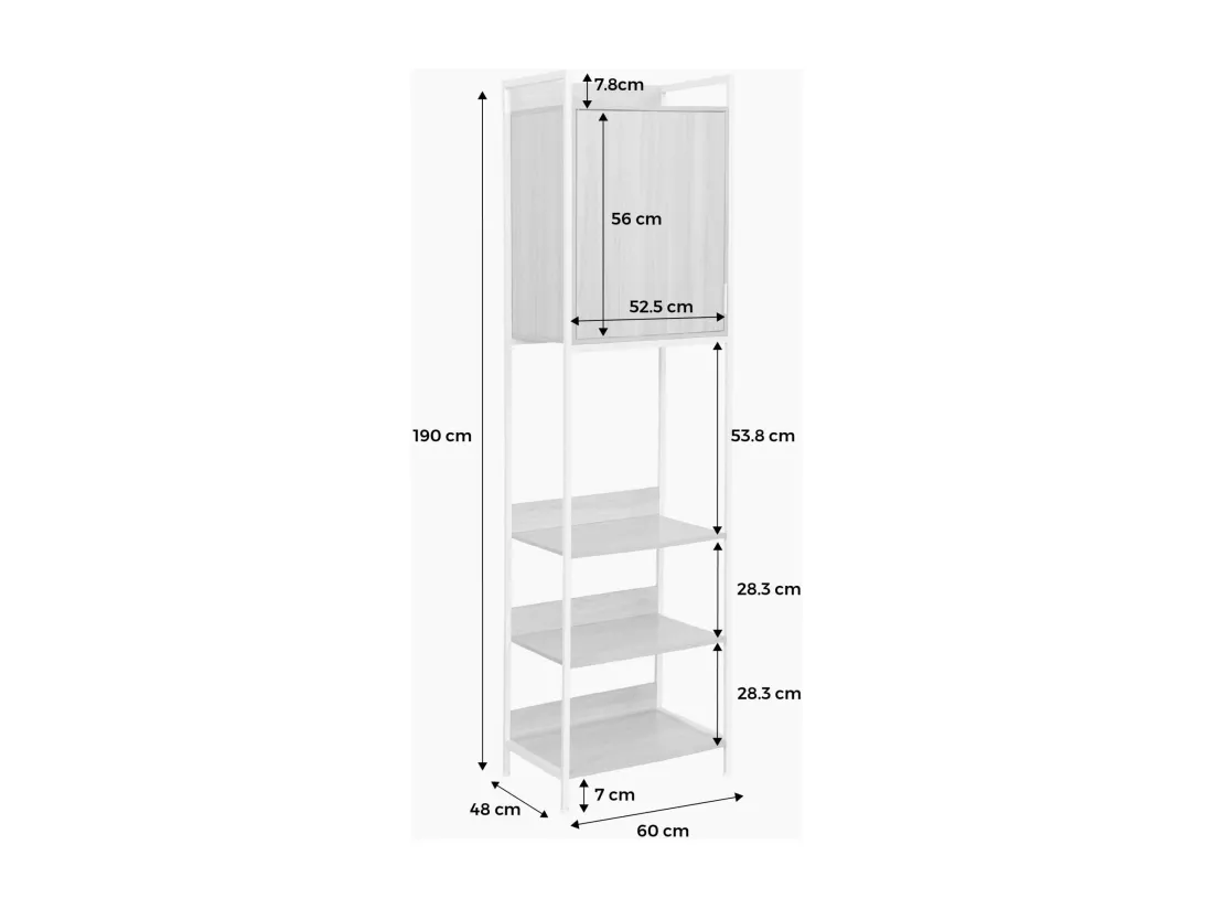 Module dressing blanc avec 5 étagères et 1 porte. L 60 x P 48 x H 190 cm