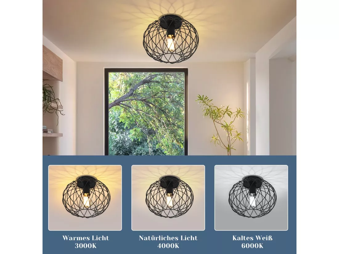 NETTLIFE Plafonnier E27 Rond Noir 30CM Max. 40W Lampe de Couloir en Métal Rétro Vintage Abat-Jour Industriel pour Allée Salon Chambre Cuisine
